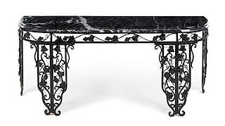 An American Wrought Iron and Marble Console Table Height 33 x width 81 1/2 x depth 19 1/4 inches.