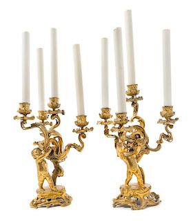 A Pair of Louis XV Gilt Bronze Four-Light Candelabra Height of taller 13 1/2 inches.