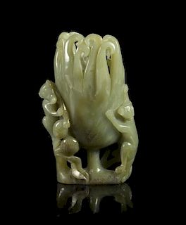 A Carved Celadon Jade Buddhas Hand Citron Vase, Height 4 1/2 inches.