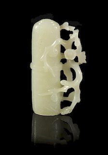 A Carved White Jade Toggle of a Scroll, Width 2 1/2 inches.