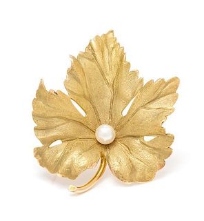 A 14 Karat Yellow Gold and Cultured Pearl Leaf Brooch, Tiffany & Co., 4.90 dwts.