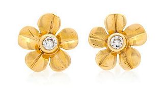 A Pair of 18 Karat Yellow Gold and Diamond Flower Motif Earrings, Tiffany & Co., 1.00 dwts.