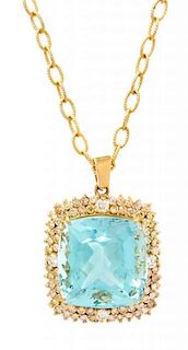 A 14 Karat Yellow Gold, Aquamarine and Diamond Pendant Necklace, 20.20 dwts.