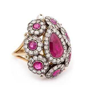 A Silver Topped Gold, Ruby, Diamond and Cultured Pearl Ring, 12.45 dwts.