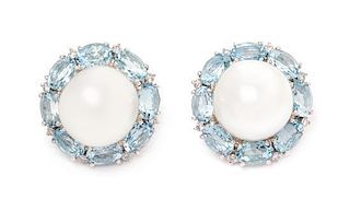 A Pair of 18 Karat White Gold, Cultured Pearl, Aquamarine and Diamond Cluster Earclips, 13.50 dwts.
