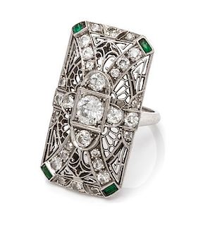 An Art Deco Platinum, Diamond, and Simulated Emerald Ring, 6.30 dwts.