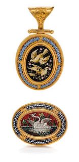 * A Collection of Victorian Yellow Gold and Micromosaic Bird Motif Jewelry, 16.40 dwts.