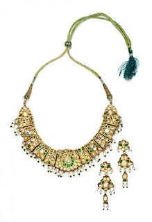 A Yellow Gold, Glass and Cultured Pearl Demi-Parure, Indian, 68.15 dwts.