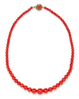 * A Single Strand Graduated Coral Bead Necklace, 14.70 dwts.