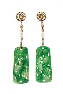 A Pair of 14 Karat Yellow Gold, Jadeite Jade and Faux Pearl Earclips, 2.30 dwts.