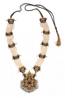 A Yellow Gold, Polychrome Enamel, Glass and Cultured Pearl Necklace,