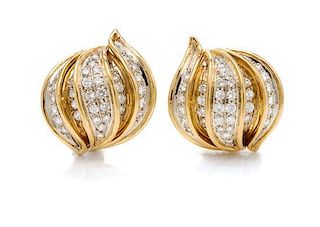 A Pair of Bicolor Gold and Diamond Earclips, 15.95 dwts.