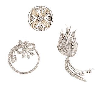 A Collection of Platinum, White Gold, Diamond and Seed Pearl Brooches, 18.00 dwts.