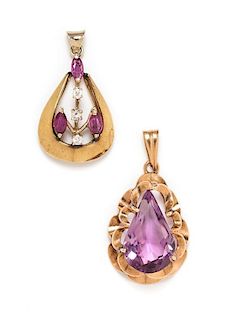 A Collection of 14 Karat Gold and Gemstone Teardrop Pendants, 4.70 dwts.