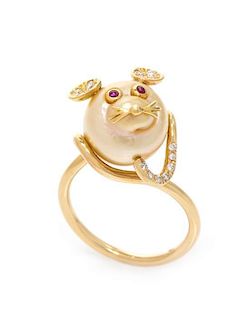 An 18 Karat Yellow Gold, Cultured Pearl, Diamond and Ruby Mouse Motif Ring, 3.60 dwts.