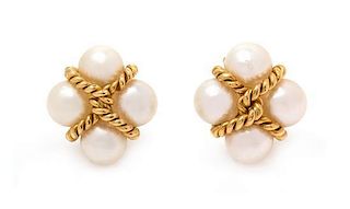 * A Pair of 18 Karat Yellow Gold and Cultured Pearl Earclips, 15.15 dwts.