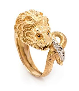 A Yellow Gold and Diamond Lion Motif Ring, 7.35 dwts.