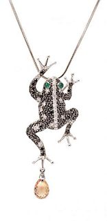 An 18 Karat White Gold, Black Diamond, Diamond, Emerald Frog Pendant/Brooch, 5.45 dwts.