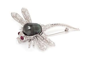 An 18 Karat Gold, Cultured Tahitian Pearl, Diamond and Ruby Dragonfly Brooch, 7.80 dwts.