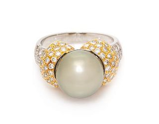 An 18 Karat Bicolor Gold, Cultured Tahitian Pearl and Diamond Ring,