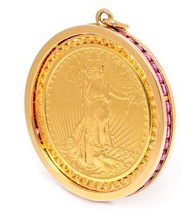 * A Yellow Gold, US $20 St. Gauden's Gold Coin and Synthetic Ruby Pendant, 29.60 dwts.