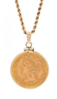 A 14 Karat Yellow Gold US $5 1907 Liberty Head Coin Pendant/Necklace, 11.00 dwts.