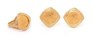 * A 14 Karat Yellow Gold and US $5 Gold Eagle Coin Demi-Parure, 14.50 dwts.