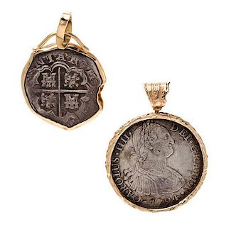 * A Collection of Yellow Gold and Spanish Silver Coin Pendants, 37.60 dwts.