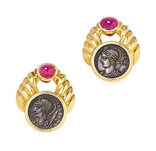 A Pair of 18 Karat Yellow Gold, Ancient Coin and Ruby Earclips, 15.10 dwts.