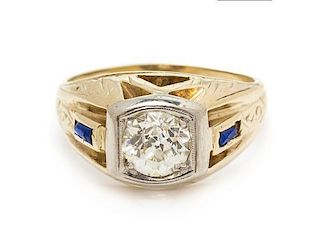 A 14 Karat Yellow Gold, Diamond and Synthetic Sapphire Ring, 5.15 dwts.