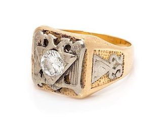 * A 14 Karat Bicolor Gold and Diamond 32nd Degree Scottish Right Mason Ring, 8.10 dwts.