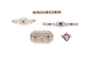 A Collection of Antique Gold, Sapphire, Synthetic Sapphire, Diamond, and Amethyst Jewelry, 9.10 dwts.
