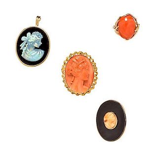 A Collection of Yellow Gold, Coral, Onyx and Opal Jewelry, 20.10 dwts.