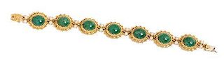 A 14 Karat Yellow Gold, Aventurine and Cultured Pearl Bracelet, 19.90 dwts.