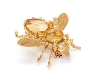 A 14 Karat Yellow Gold and Citrine Bee Brooch, 4.60 dwts.