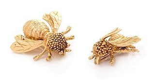 A Pair of 14 Karat Yellow Gold Bee Brooches, 8.10 dwts.
