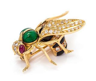 An 18 Karat Yellow Gold, Diamond, Onyx, Ruby and Emerald Wasp Brooch, French, 8.00 dwts.