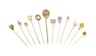 A Collection of Gold, Gold Tone and Multigem Stickpins, 12.00 dwts.