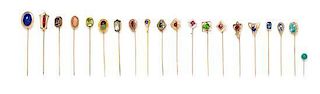 A Collection of Vintage Gold and Multigem Stickpins, 18.60 dwts.