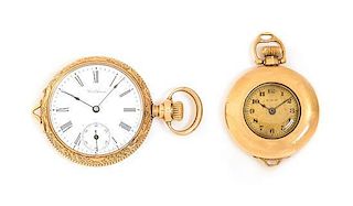 A Collection of 14 Karat Yellow Gold Open Face Pendant Watches, Elgin and Waltham, 31.70 dwts.