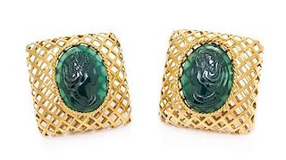 A Pair of 18 Karat Yellow Gold and Glass Cameo Earclips, SOHO, Italian, 10.70 dwts.
