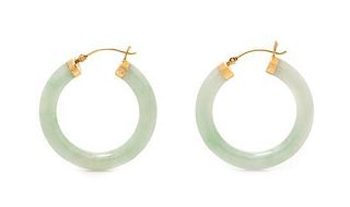 * A Pair of 14 Karat Yellow Gold and Jade Hoop Earrings, 7.20 dwts.