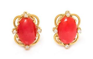 A Pair of 18 Karat Yellow Gold, Coral and Diamond Earclips, Italian, 4.00 dwts.