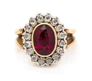 A Silver Topped Yellow Gold, Rubellite Tourmaline and Diamond Ring, 7.30 dwts.