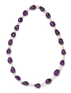An Amethyst and Cultured Baroque Pearl Bead Necklace, 133.15 dwts.
