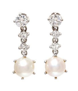 A Pair of White Gold, Diamond and Cultured Pearl Drop Earrings, 2.40 dwts.
