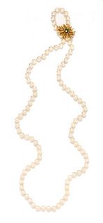 * An 18 Karat Yellow Gold, Diamond and Emerald Pearl Shortener and Cultured Pearl Necklace, 5.90 dwts. (shortener only)