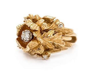A 14 Karat Yellow Gold Diamond Floral Motif Ring and Ring Jacket, 7.50 dwts.