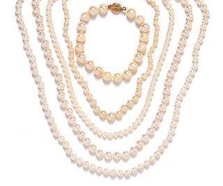 A Collection of 14 Karat Yellow Gold and Cultured Pearl Jewelry,