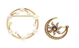 A Collection of Yellow Gold and Pearl Brooches, 4.50 dwts.